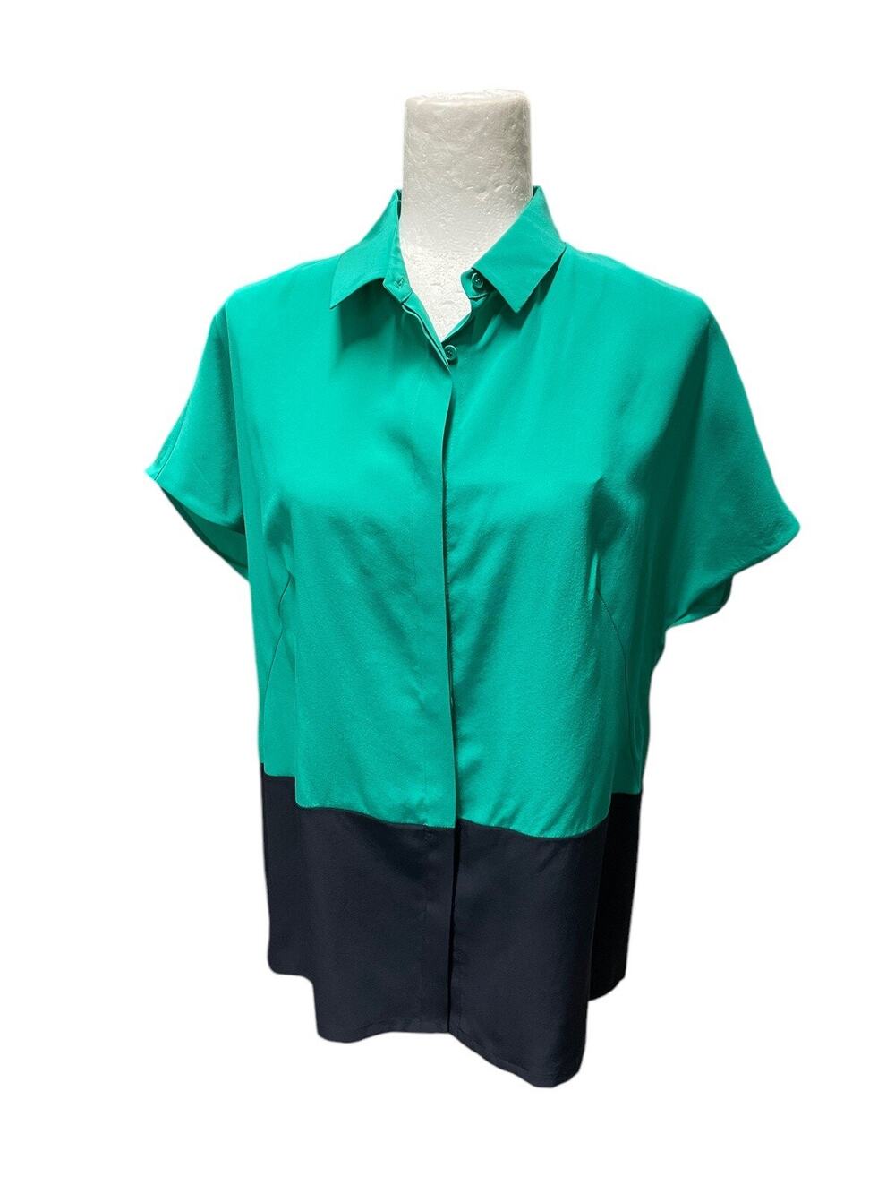 NWT $495 Akris Punto Silk Colorblock Short Sleeve Luxury Shirt Teal Blue Size 10